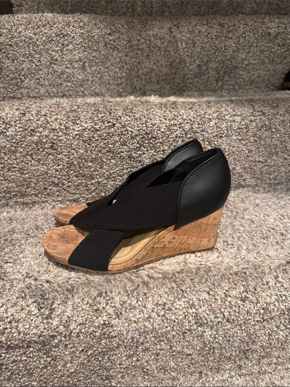 Women's Black Cork Wedge Sandals - Classic Comfort